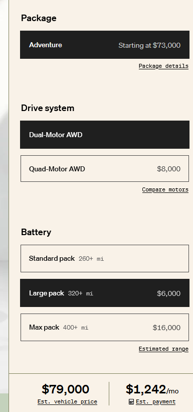 Rivian R1T R1S Max Pack delayed to 2024 according to configurator / email 😔 1668611902450