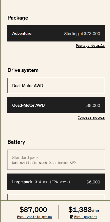 Rivian R1T R1S Max Pack delayed to 2024 according to configurator / email 😔 1668612217183