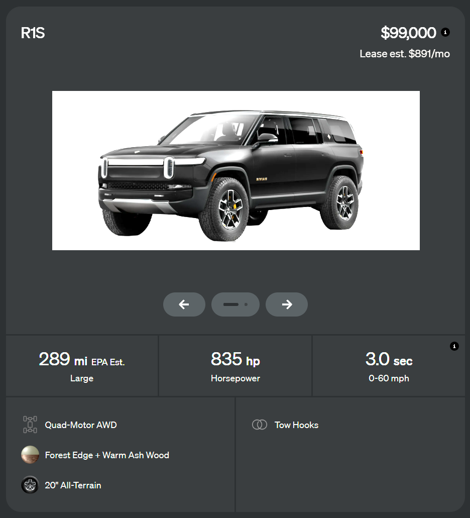 Rivian R1T R1S Rivian leasing terms have been revised for R1T and R1S. Payment shown starts at $655 for R1T and $766 for R1S. 1708472341142