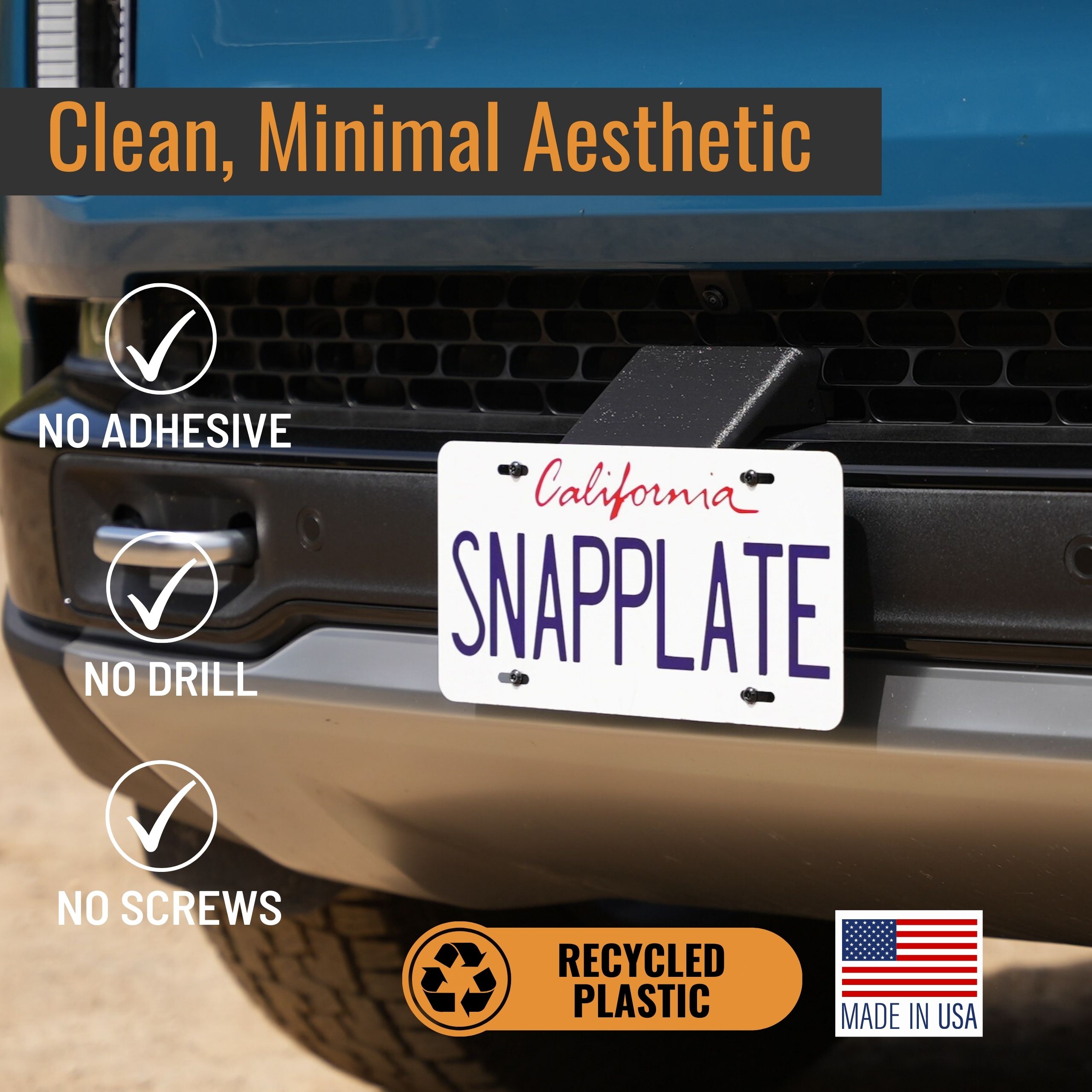 Rivian R1T R1S No-Drill, No-Adhesives, Front License Plate Mounts - SnapPlate for Rivian R1T & R1S - Gen 2 Height and Grille Depth Adjustable 3