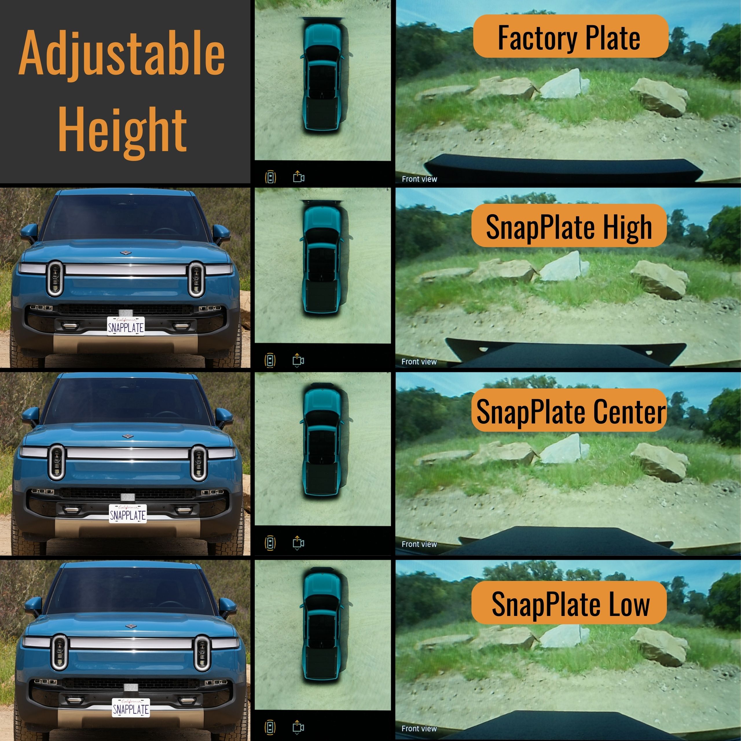 Rivian R1T R1S No-Drill, No-Adhesives, Front License Plate Mounts - SnapPlate for Rivian R1T & R1S - Gen 2 Height and Grille Depth Adjustable 6