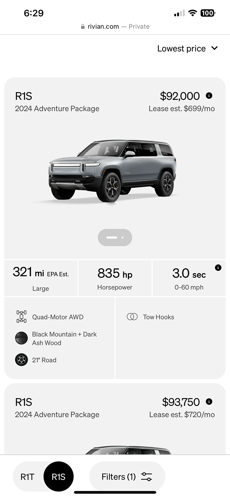 Rivian R1T R1S Rivian leasing terms have been revised for R1T and R1S. Payment shown starts at $655 for R1T and $766 for R1S. IMG_9115