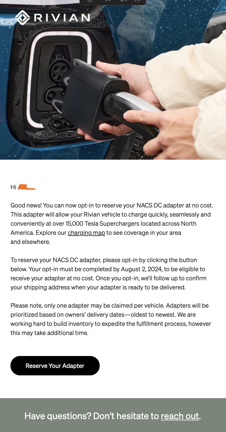 Rivian R1T R1S NACS adapter email from Rivian... Pasted Graphic 1 copy