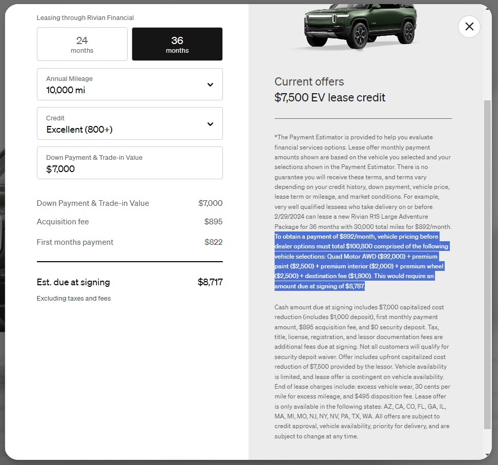 Rivian R1T R1S Rivian leasing terms have been revised for R1T and R1S. Payment shown starts at $655 for R1T and $766 for R1S. rivianLease