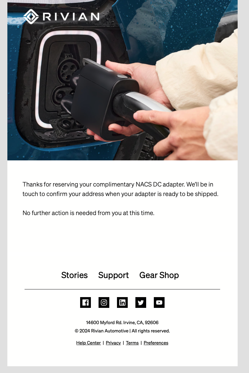 Rivian R1T R1S NACS Adapter reservation emails are now going out!!!! Screenshot 2024-04-04 at 2.40.21 PM