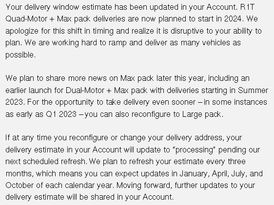 Rivian R1T R1S Max Pack delayed to 2024 according to configurator / email 😔 Screenshot from 2022-10-28 15-24-11