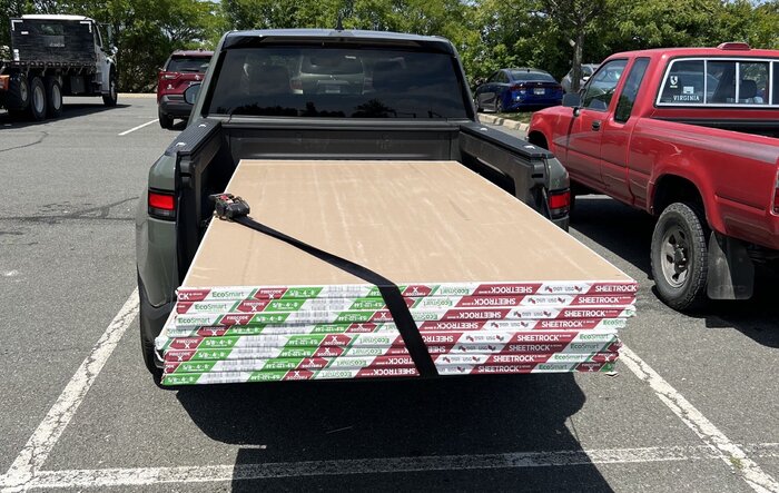 Drywall sheets?  No problem.  R1T can fit a bunch of 4x8 material with ease.