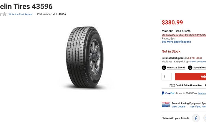 New 21" tire option - Michelin Defender LTX M/S 2 275/55-21 @ $380