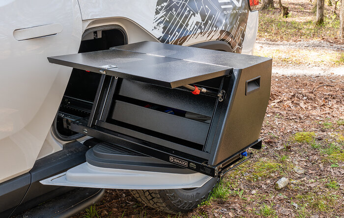 The Ultimate Rivian R1T RMAXX Gear Tunnel Slide-Out Modular Storage Management Sled System has Launched - EVSportline.com