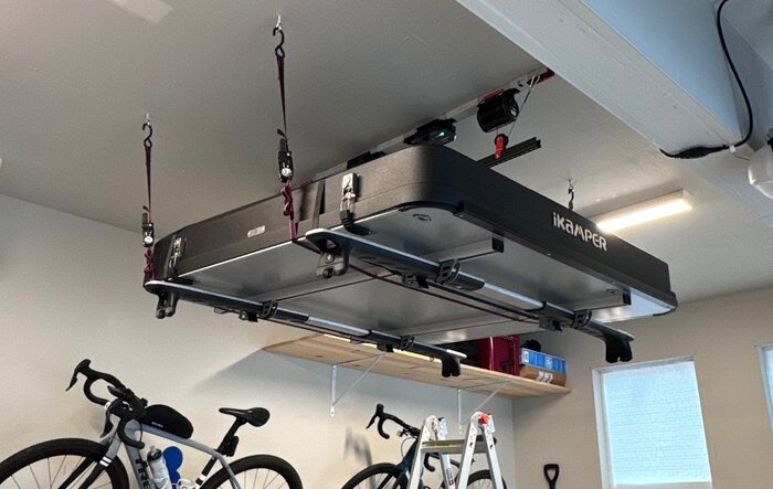 Storing your roof top tent RTT with garage ceiling hoist
