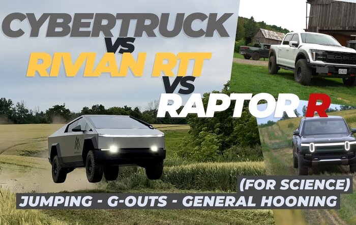 **VIDEO** Rivian R1T vs Cybertruck vs Ford Raptor R - Jumps, G-Outs, Fast Trail Driving