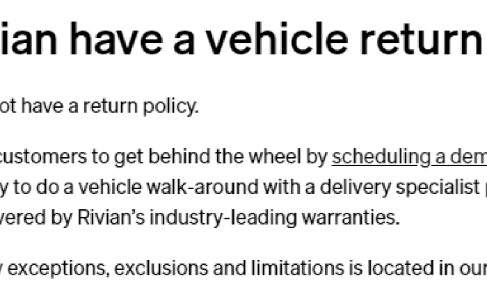 No more return policy on newly purchased Rivians. Only mandated warranty exceptions.