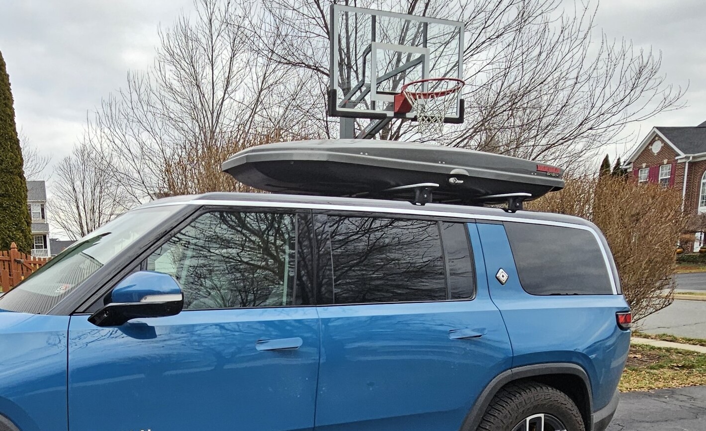 Yakima SkyBox LoPro 15 Cargo Box fits on R1S cross bars Rivian